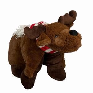 Plush Moose Travel Pillow Brown Red Scarf 12x18 In Stuffed Animal Soft Toy